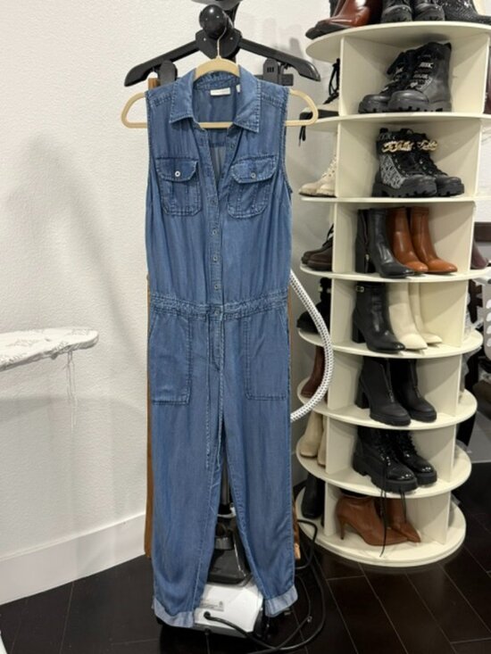 New York & Company Pants - New York & Company XS Chambray Tencel Sleeveless Utility Jumpsuit Button Front